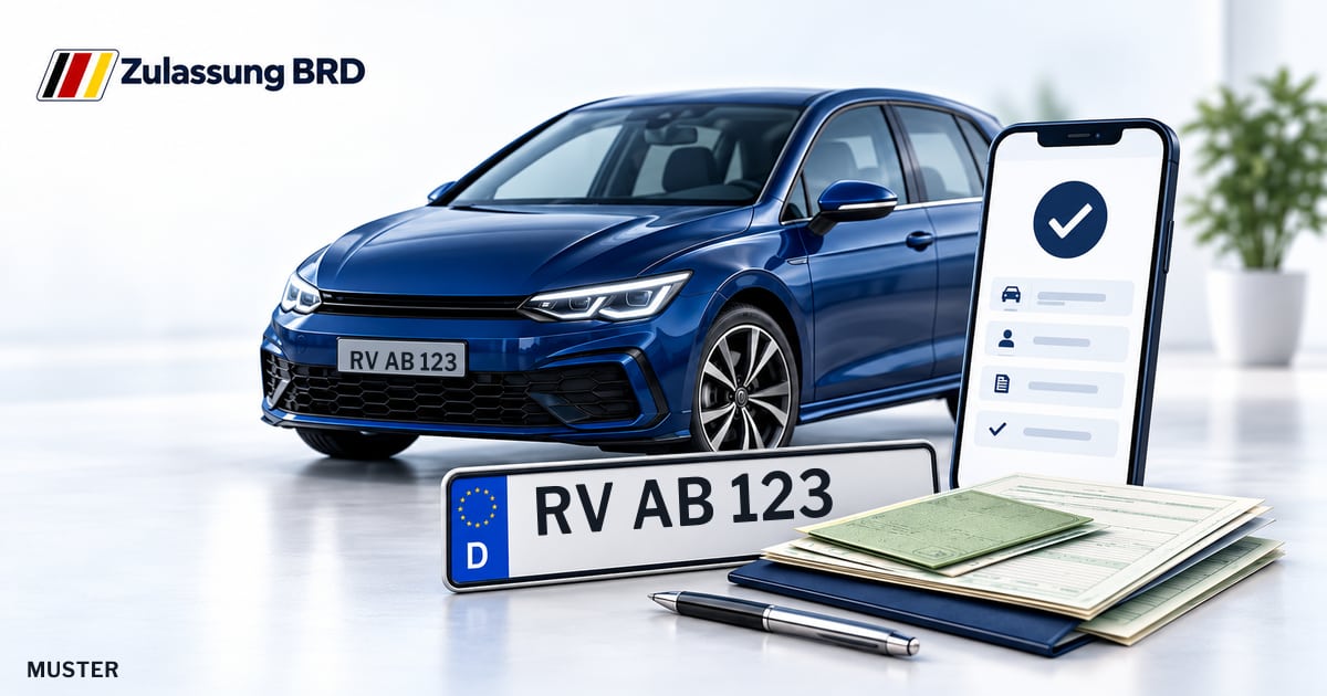 Online Fahrzeugzulassung in Bad Wurzach: Musterkennzeichen RV AB 123, Auto und Fahrzeugpapiere und Smartphone. Illustration mit Logo von Zulassung BRD.